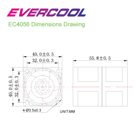 EVERCOOL 高品質PWM DCファンの寸法。